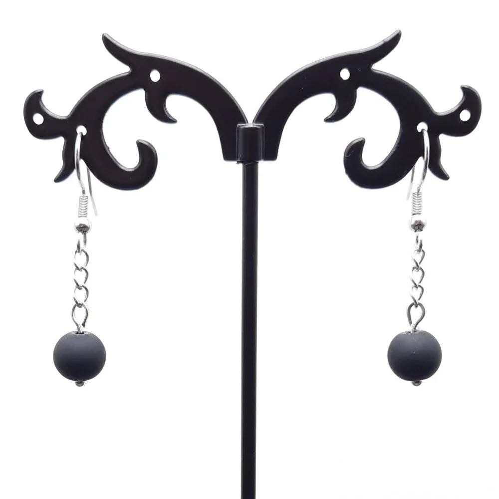 Matte Black Minimalist Dangle Drop Goth Beaded Chain Earrings Handmade Jewelry - Picture 5 of 7